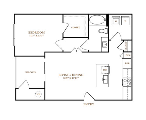 Floor plan for 1 bed, 1 bath, 729 sqft